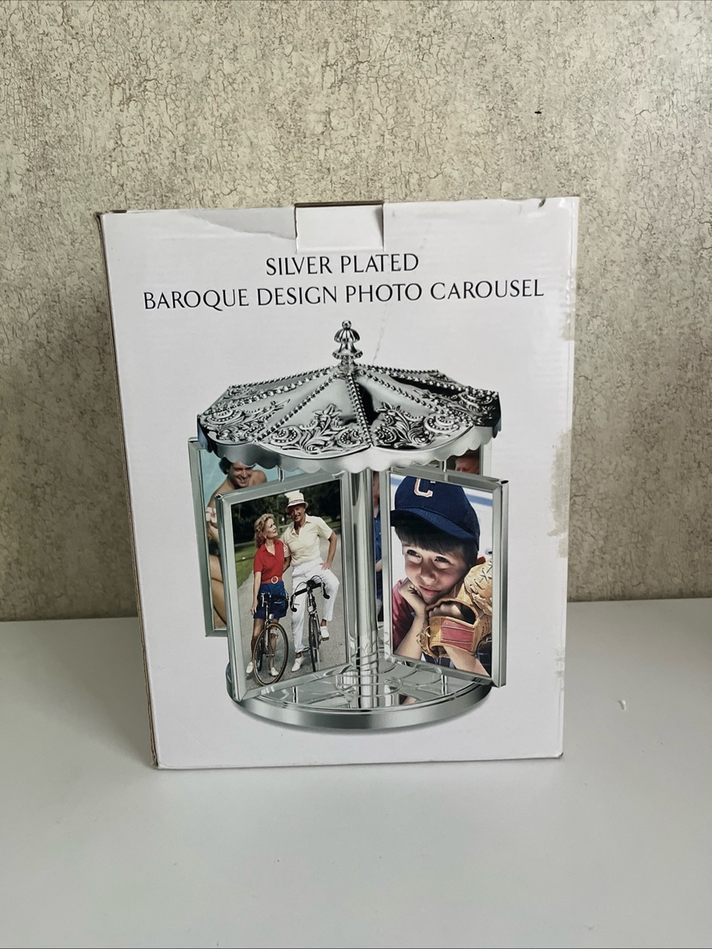 Godinger Silver Plated Baroque Carousel Revolving Photo Frame Holder 12 4x6 NOB